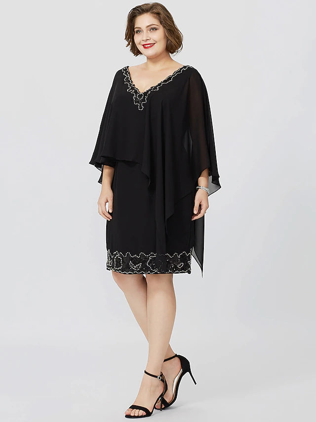 Etuikleid/Säulenkleid für die Mutter der Braut, formell, klassisch und zeitlos, elegant und luxuriös, Übergröße, V-Ausschnitt, knielang, Chiffon, ärmellos, nein, mit Kristallen und Perlen